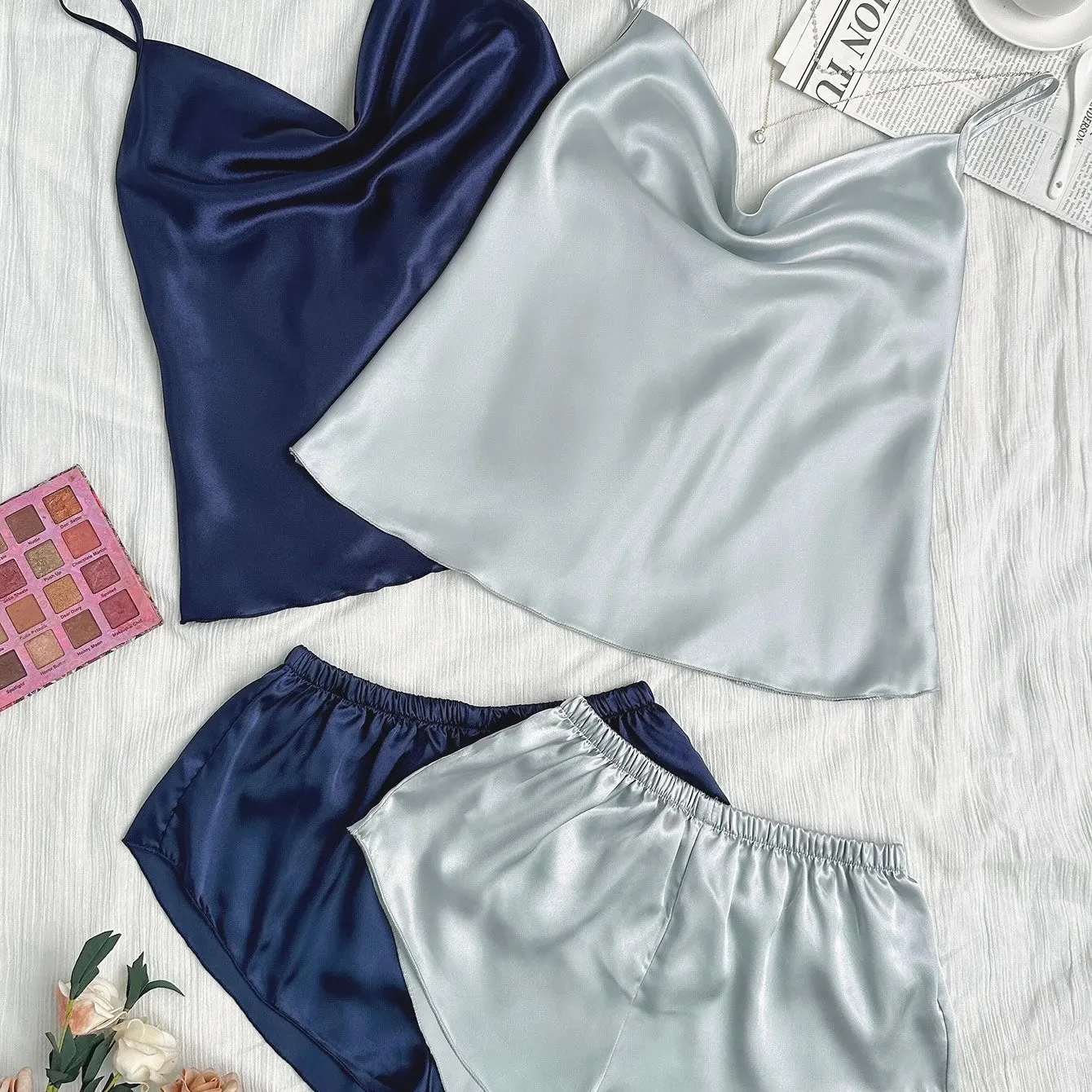 Kira Basic Silk Pajamas Set 2 Piece - Pink & Black