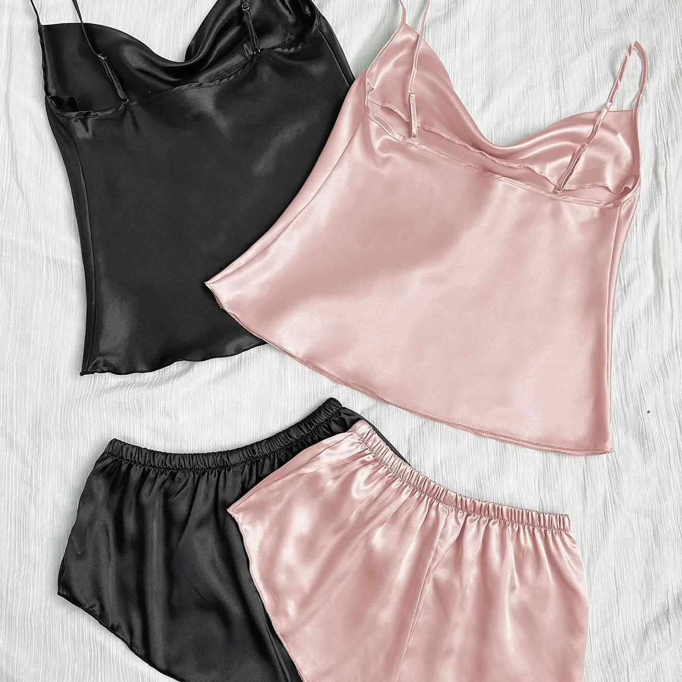 Kira Basic Silk Pajamas Set 2 Piece - Pink & Black