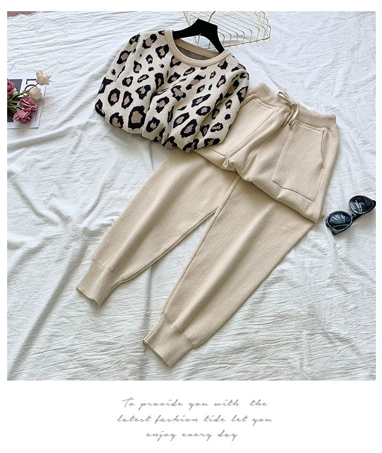 Knit Leopard Pullover Sweaters Elastic Waist Pants Sets