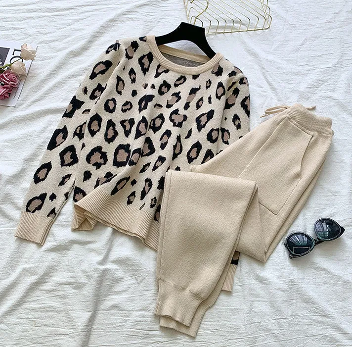 Knit Leopard Pullover Sweaters Elastic Waist Pants Sets