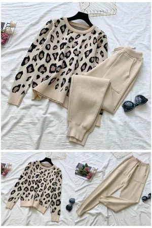 Knit Leopard Pullover Sweaters Elastic Waist Pants Sets