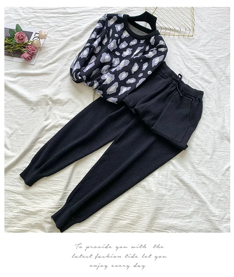 Knit Leopard Pullover Sweaters Elastic Waist Pants Sets