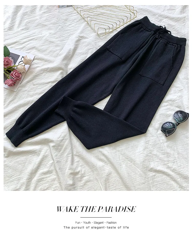 Knit Leopard Pullover Sweaters Elastic Waist Pants Sets
