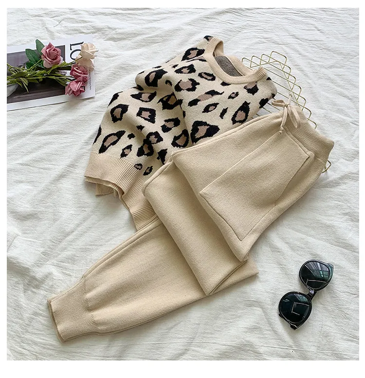 Knit Leopard Pullover Sweaters Elastic Waist Pants Sets