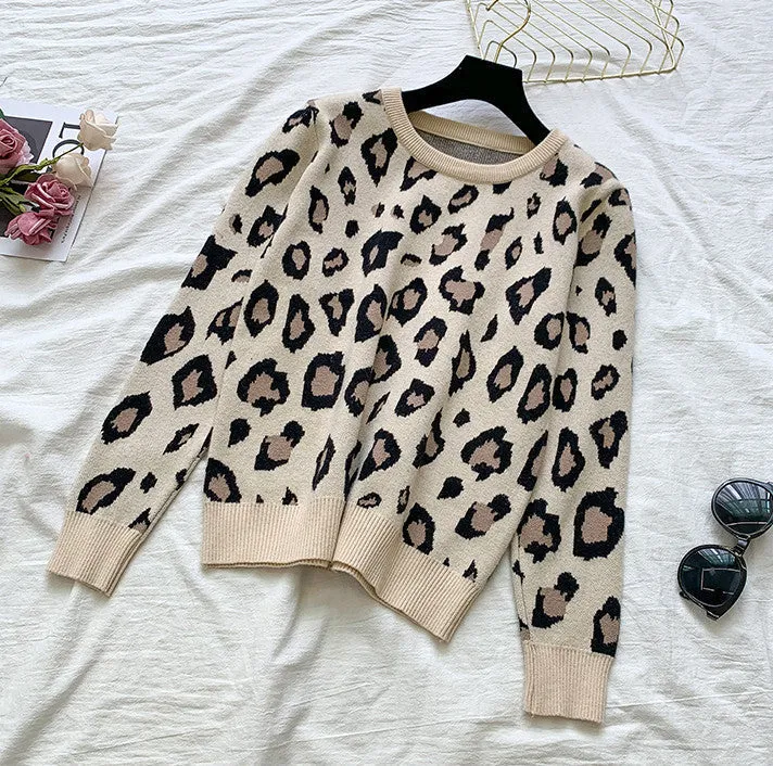 Knit Leopard Pullover Sweaters Elastic Waist Pants Sets