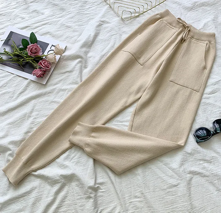 Knit Leopard Pullover Sweaters Elastic Waist Pants Sets