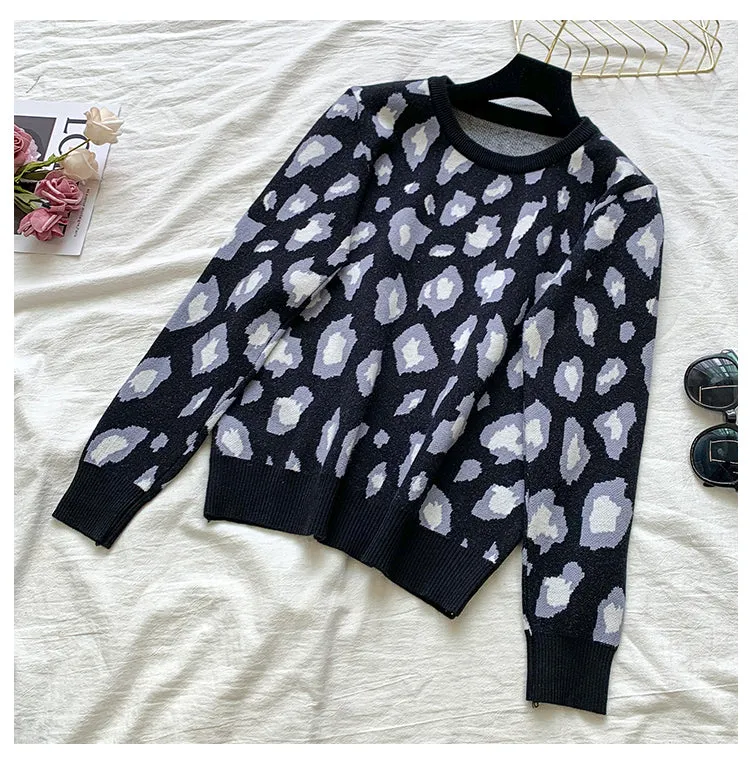 Knit Leopard Pullover Sweaters Elastic Waist Pants Sets