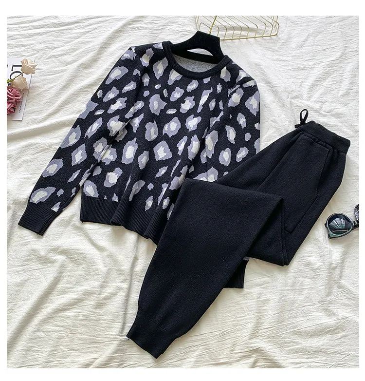 Knit Leopard Pullover Sweaters Elastic Waist Pants Sets