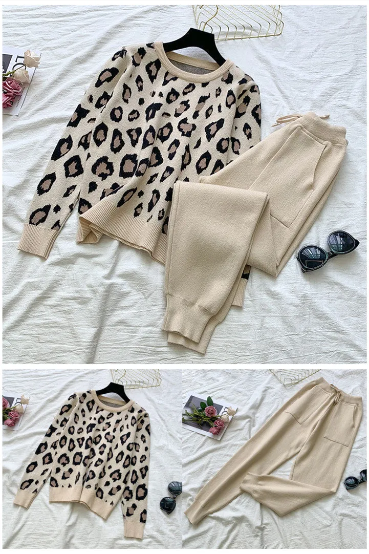 Knit Leopard Pullover Sweaters Elastic Waist Pants Sets