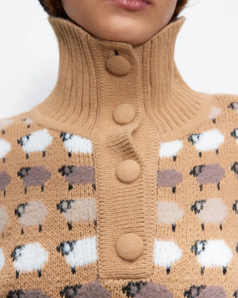 Knit Single-breasted High-collared Floral Sweaters