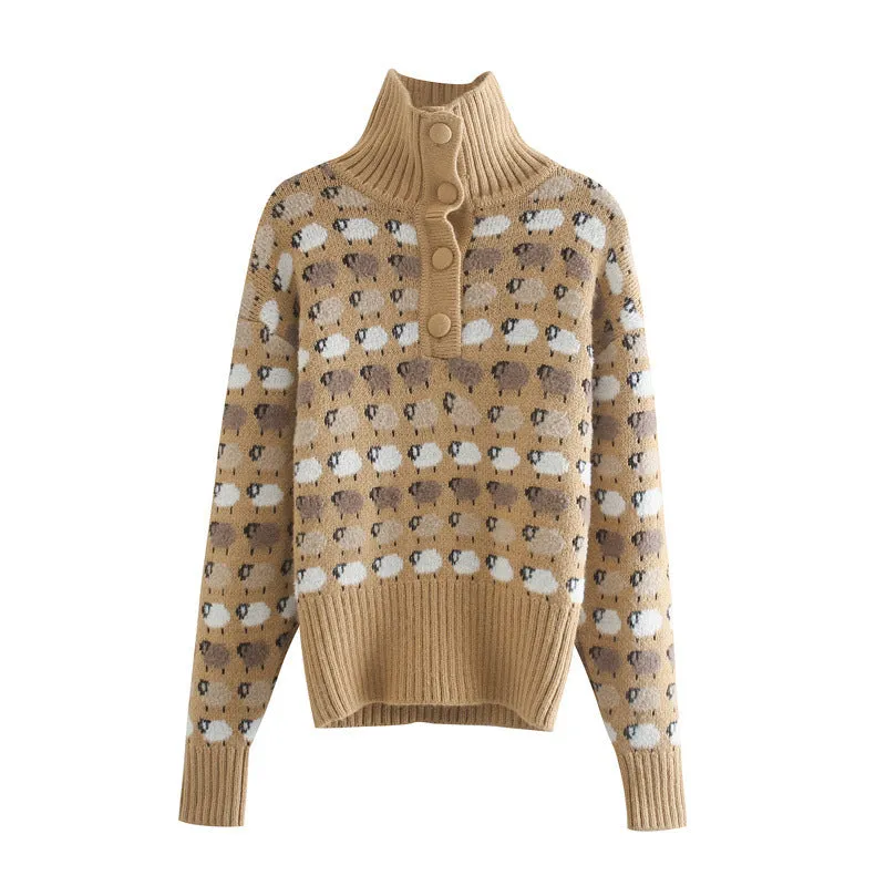 Knit Single-breasted High-collared Floral Sweaters