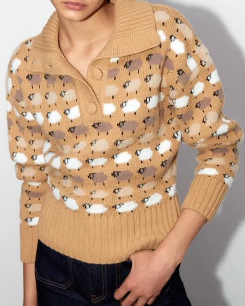 Knit Single-breasted High-collared Floral Sweaters