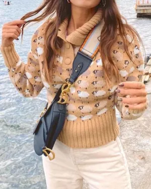 Knit Single-breasted High-collared Floral Sweaters