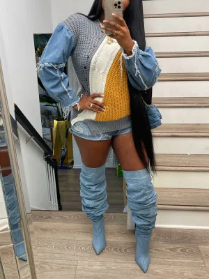 Knitted Denim Patchwork Sweaters