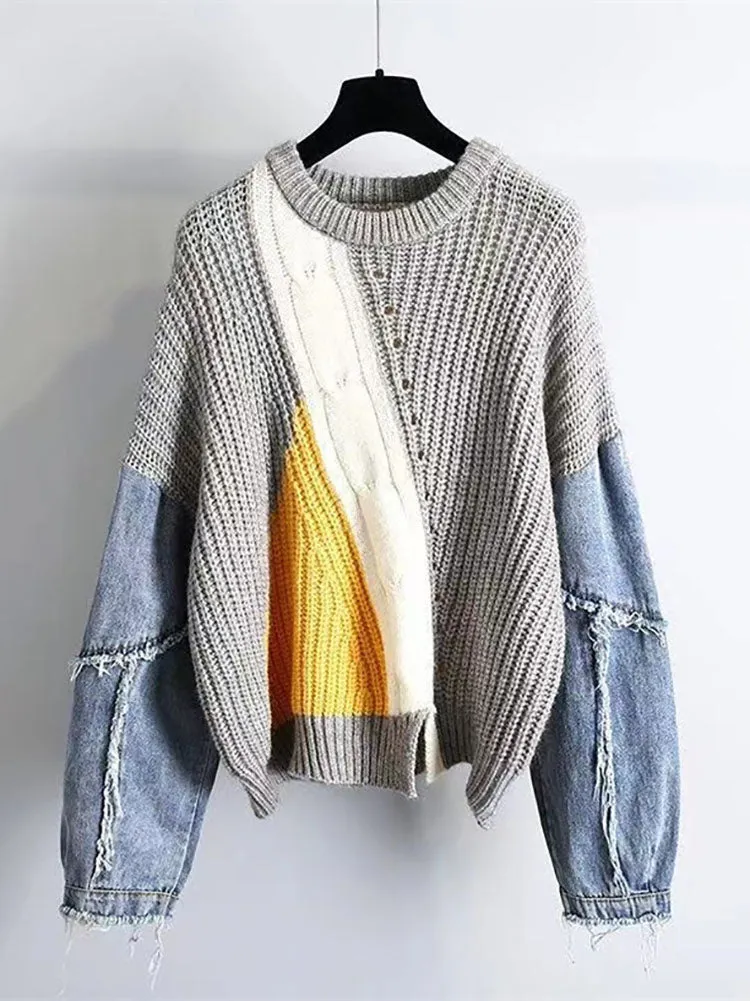 Knitted Denim Patchwork Sweaters