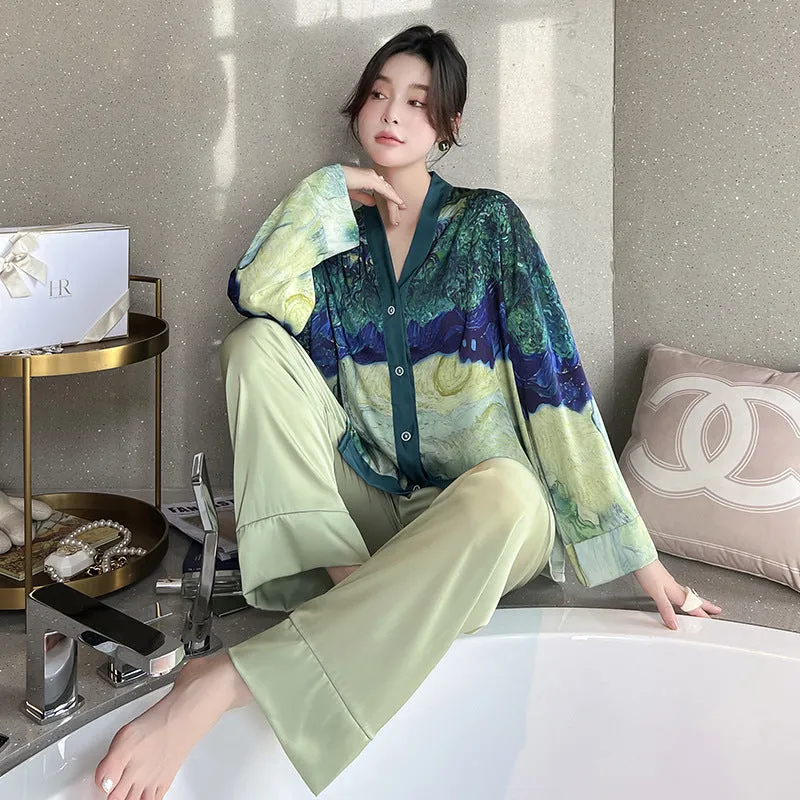 Ladies Ice Silk Pajamas Long Sleeve Cardigan Set