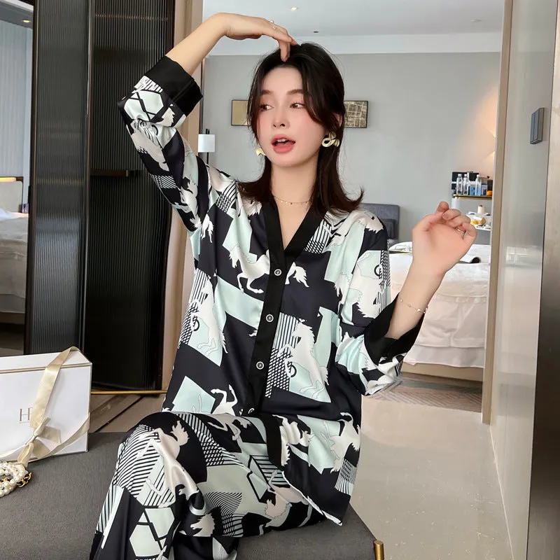 Ladies Ice Silk Pajamas Long Sleeve Cardigan Set