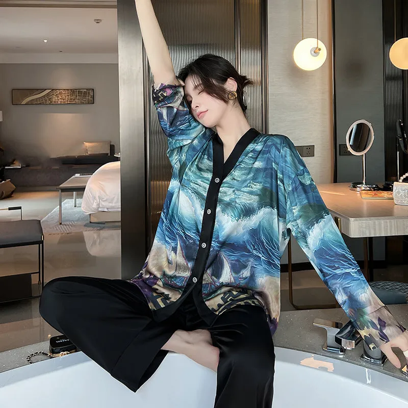 Ladies Ice Silk Pajamas Long Sleeve Cardigan Set