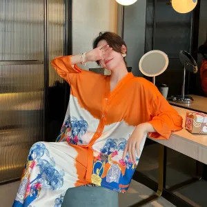 Ladies Ice Silk Pajamas Long Sleeve Cardigan Set