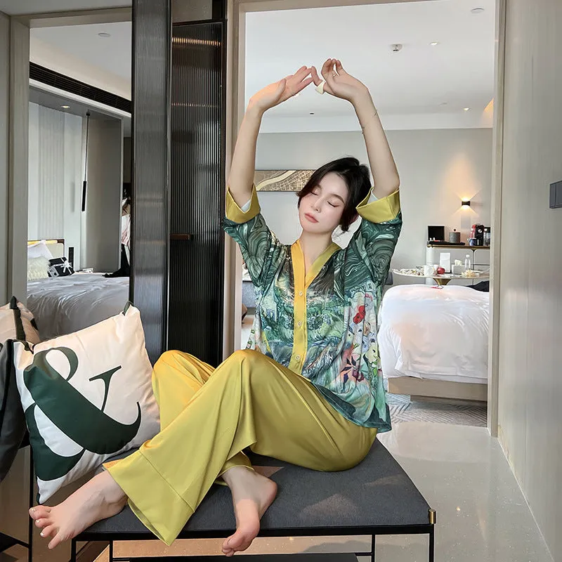 Ladies Ice Silk Pajamas Long Sleeve Cardigan Set