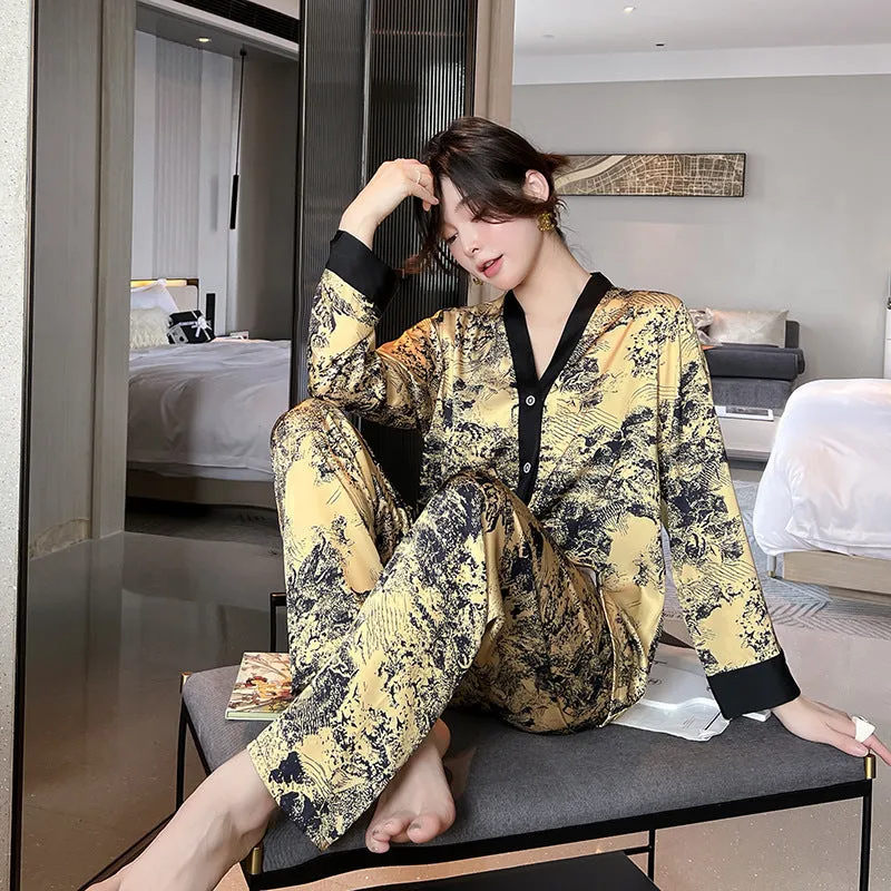 Ladies Ice Silk Pajamas Long Sleeve Cardigan Set