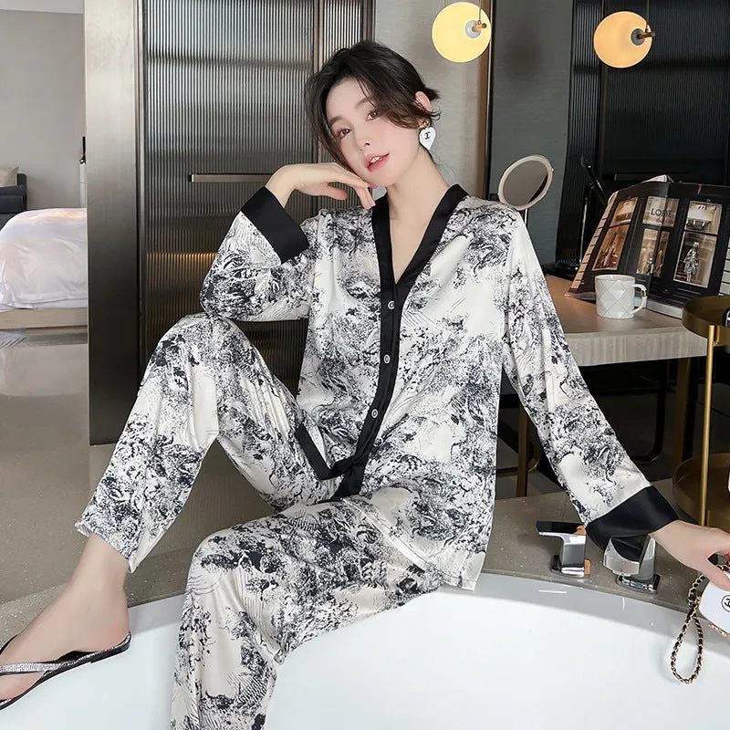 Ladies Ice Silk Pajamas Long Sleeve Cardigan Set