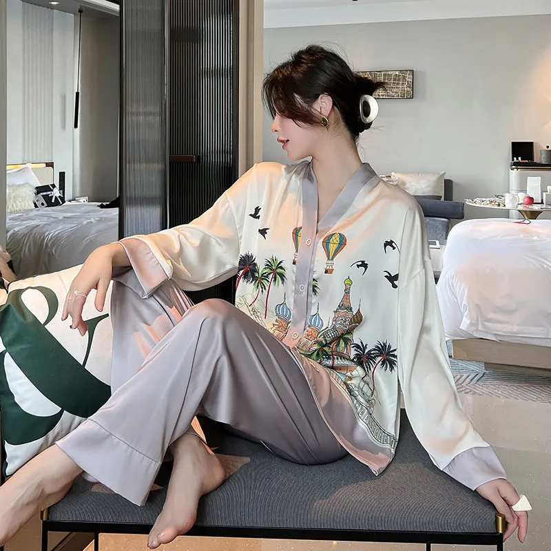 Ladies Ice Silk Pajamas Long Sleeve Cardigan Set