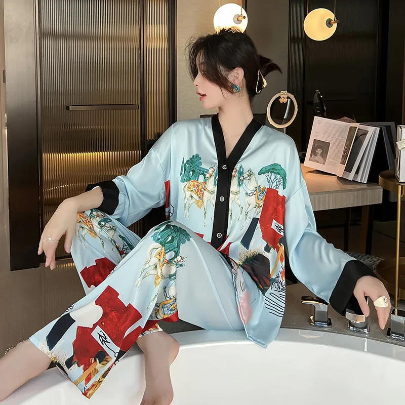 Ladies Ice Silk Pajamas Long Sleeve Cardigan Set