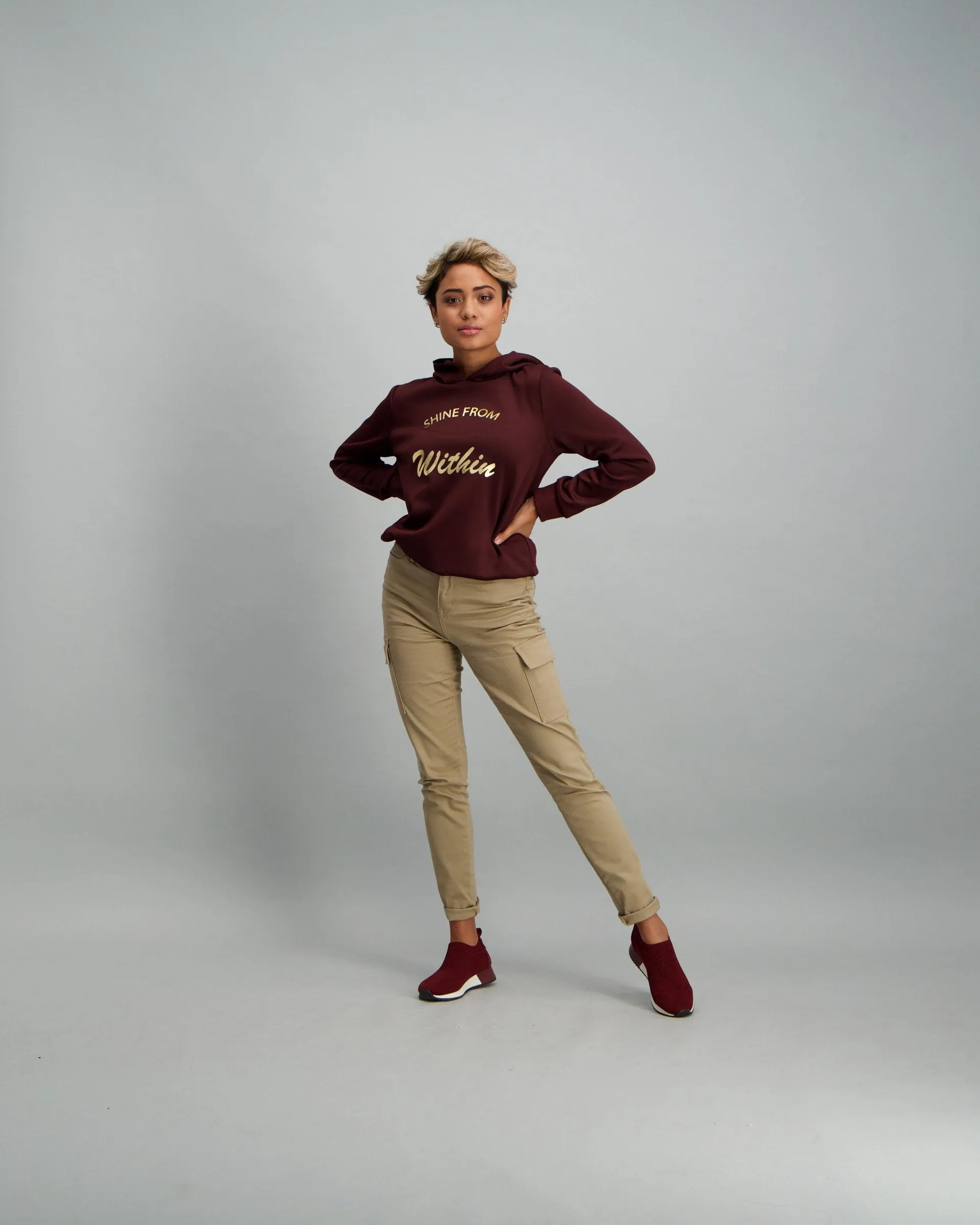 Ladies Shine from Within Slogan Hooded Top - Burgundy