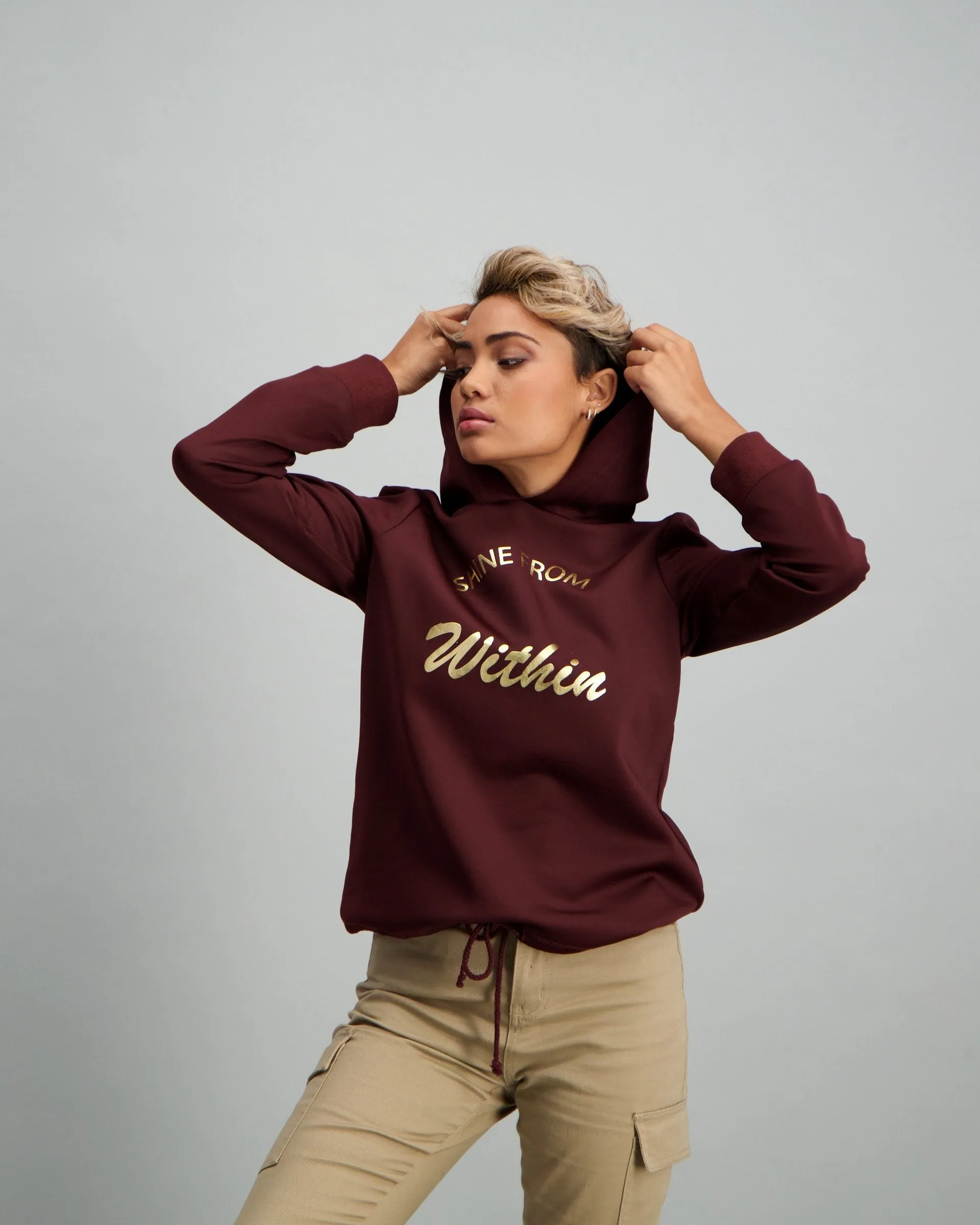 Ladies Shine from Within Slogan Hooded Top - Burgundy