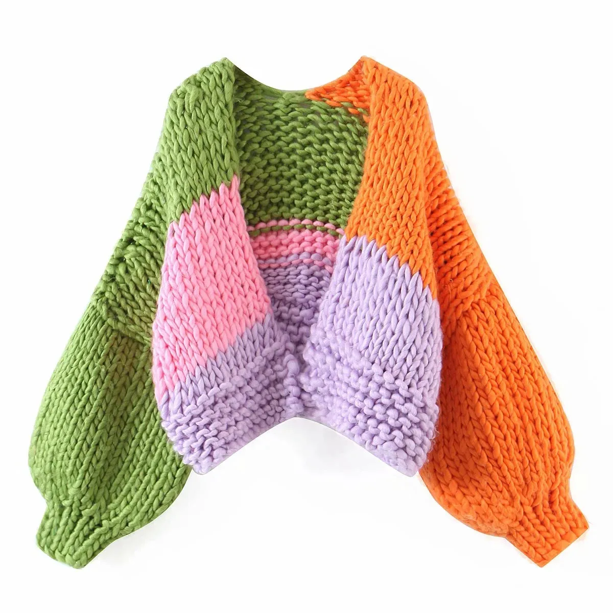 Lantern Sleeve V-neck Contrast Color Splicing Knit Sweater Outerwear