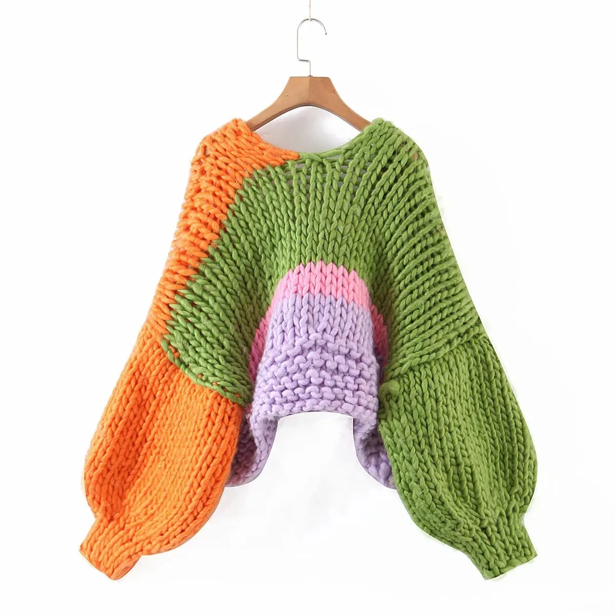 Lantern Sleeve V-neck Contrast Color Splicing Knit Sweater Outerwear