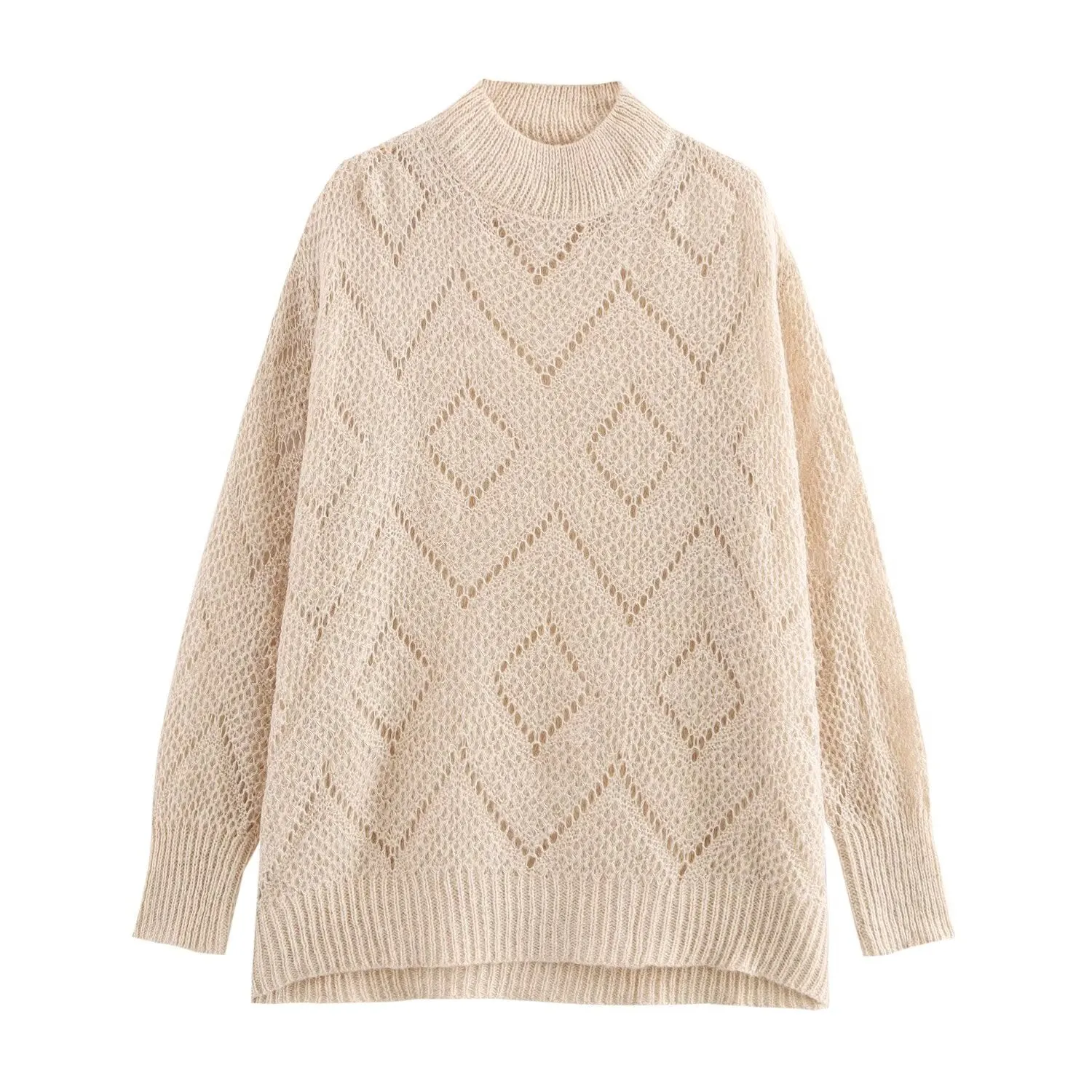 Laser Cut Design Mock Neck Long Sleeve Sweater