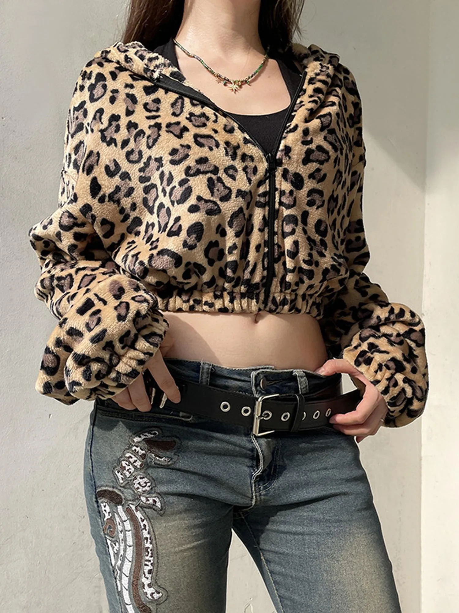 Leopard Print Fleece Hooded Sweatshirt