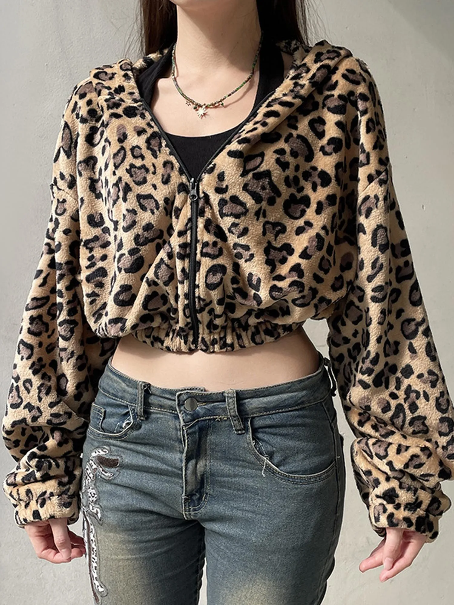 Leopard Print Fleece Hooded Sweatshirt