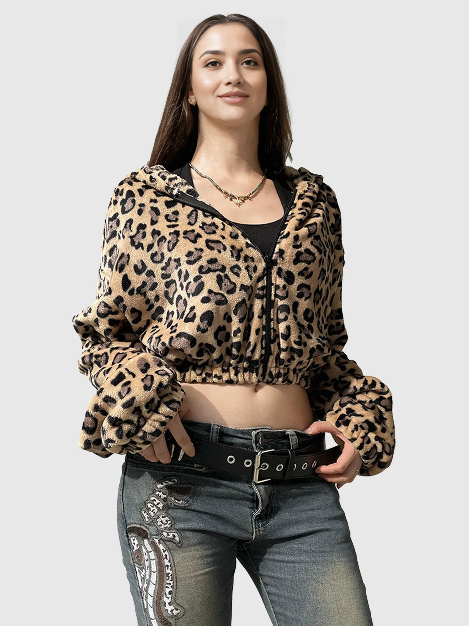 Leopard Print Fleece Hooded Sweatshirt