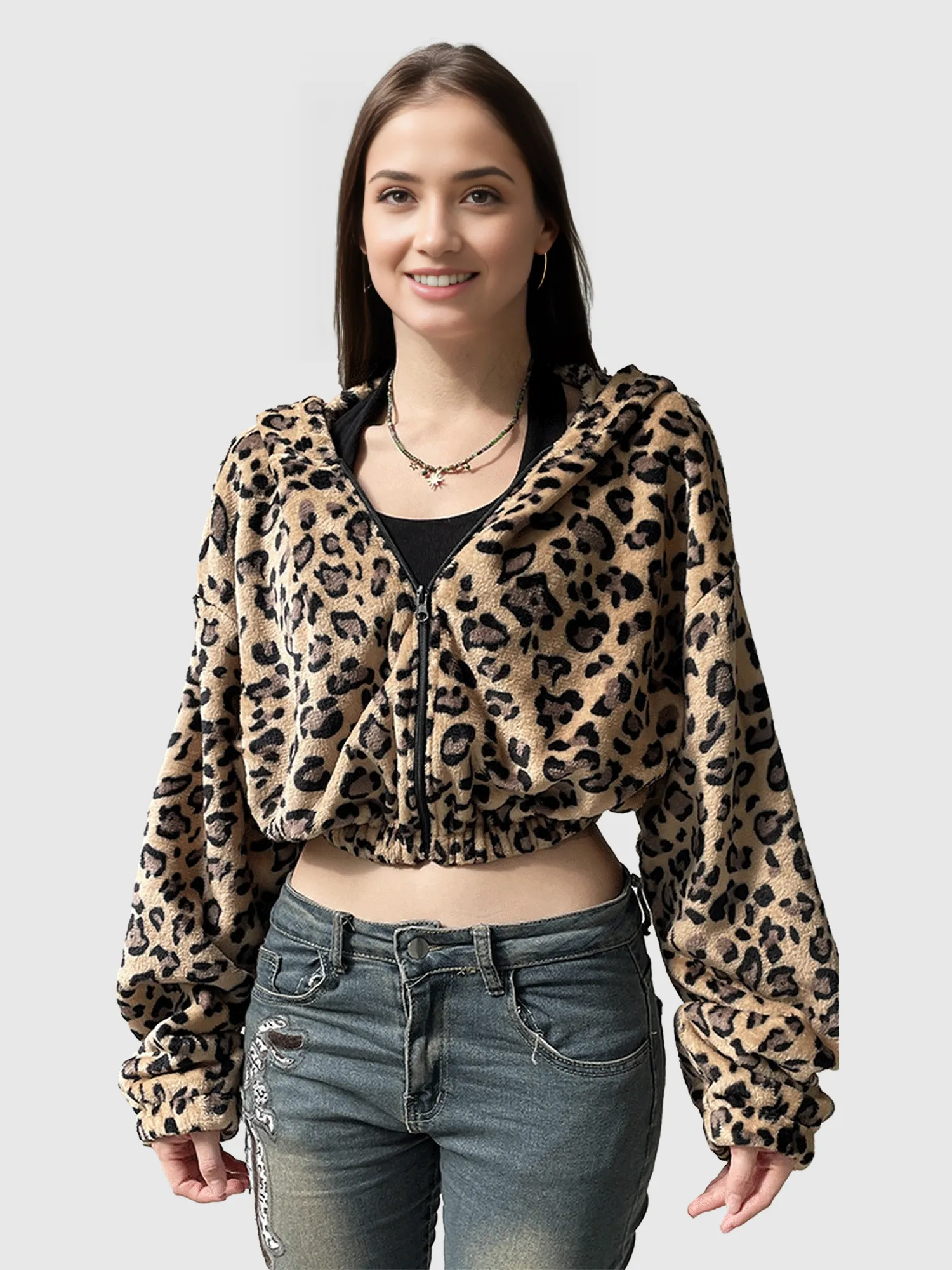 Leopard Print Fleece Hooded Sweatshirt