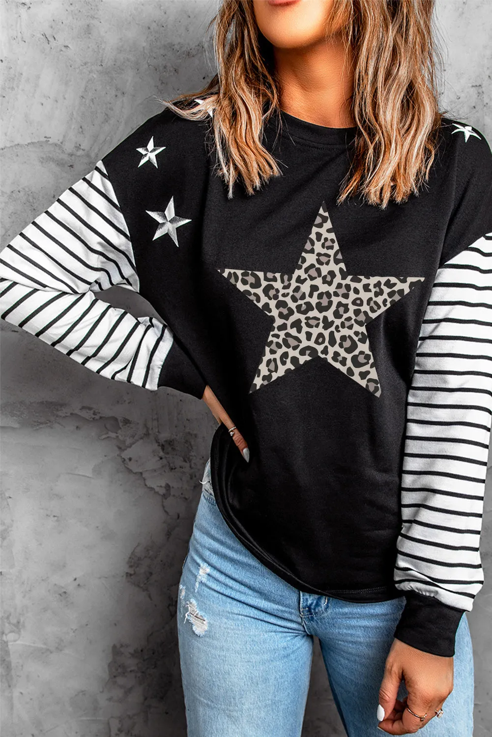 Leopard Star & Striped Print Patchwork Black Sweatshirt