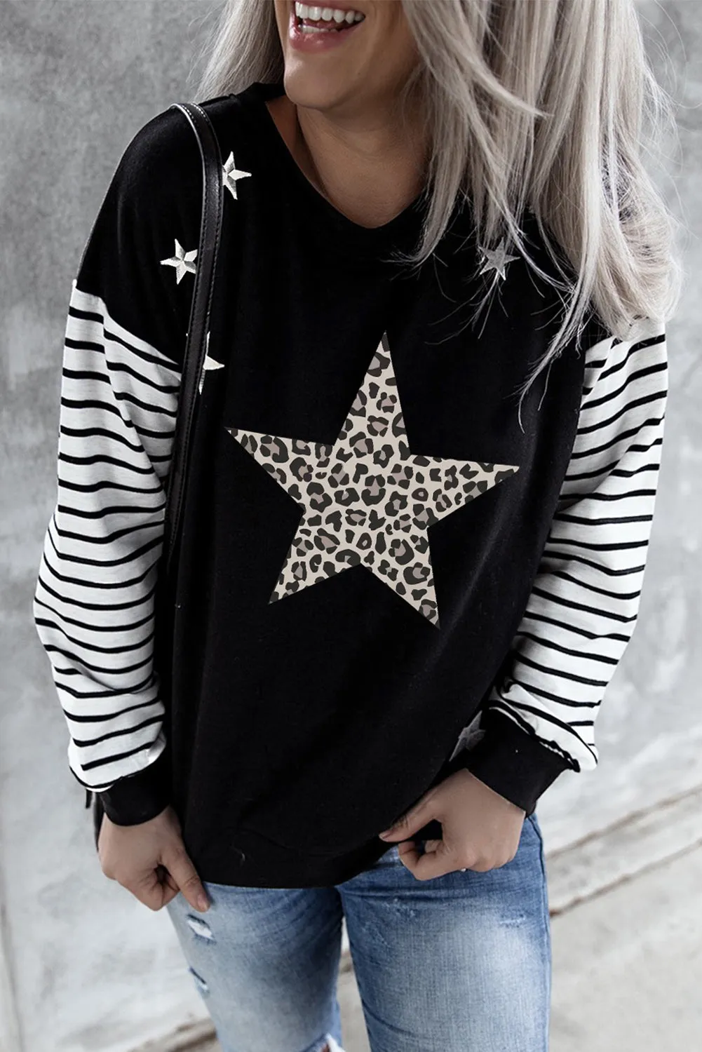 Leopard Star & Striped Print Patchwork Black Sweatshirt