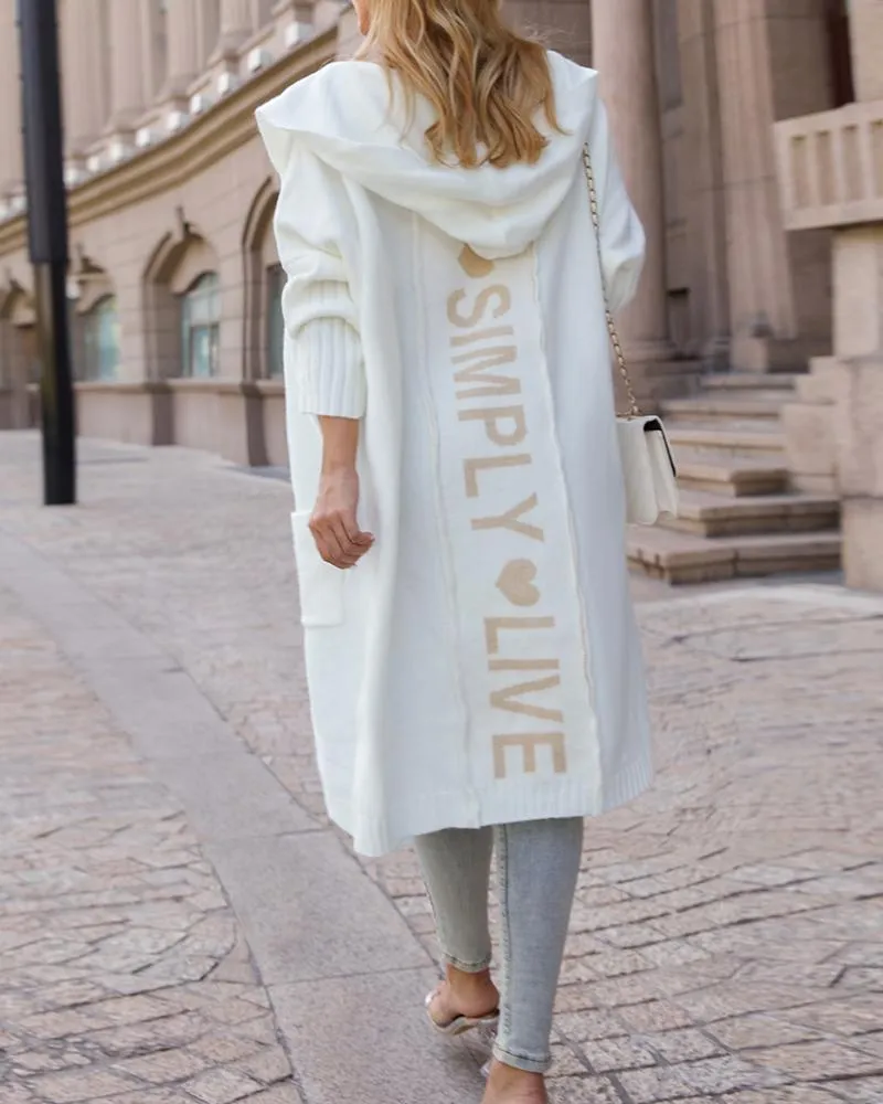 Letter Heart Print Hooded Longline Knit Cardigan