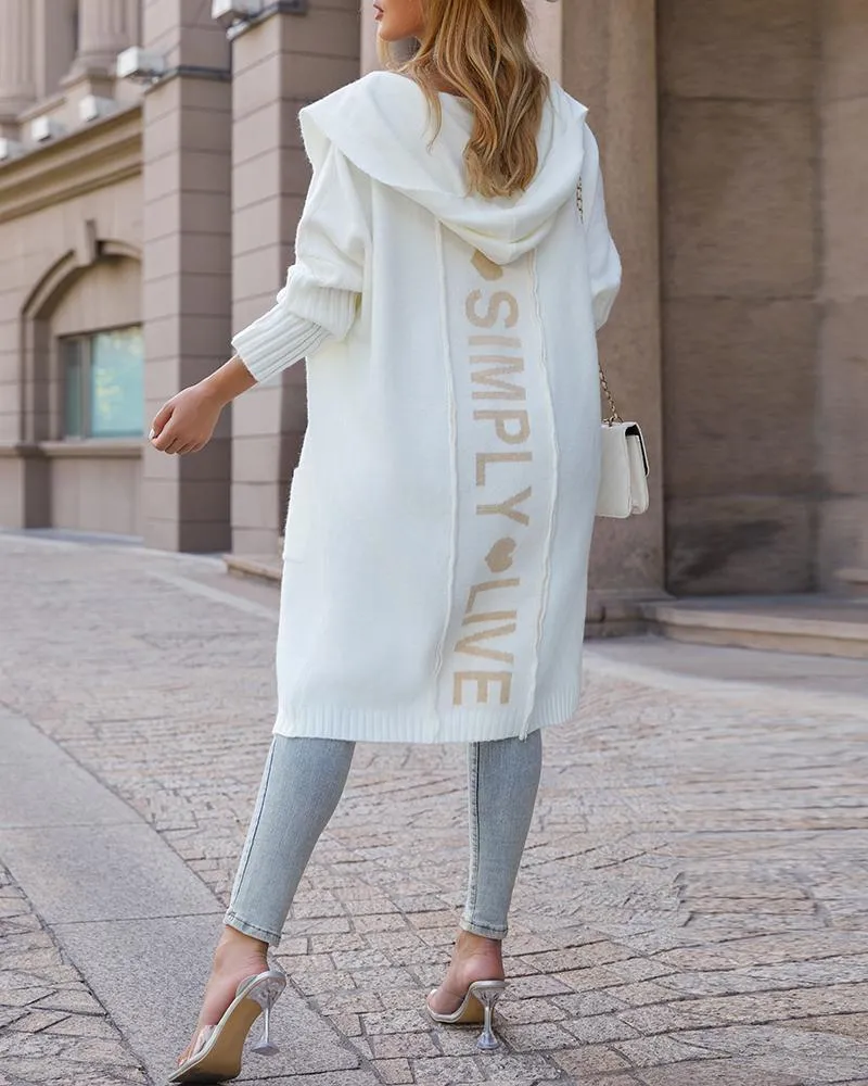 Letter Heart Print Hooded Longline Knit Cardigan