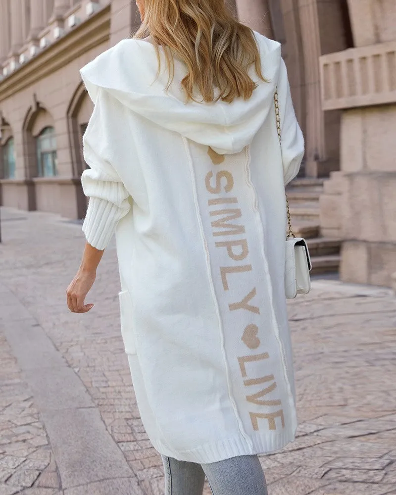 Letter Heart Print Hooded Longline Knit Cardigan