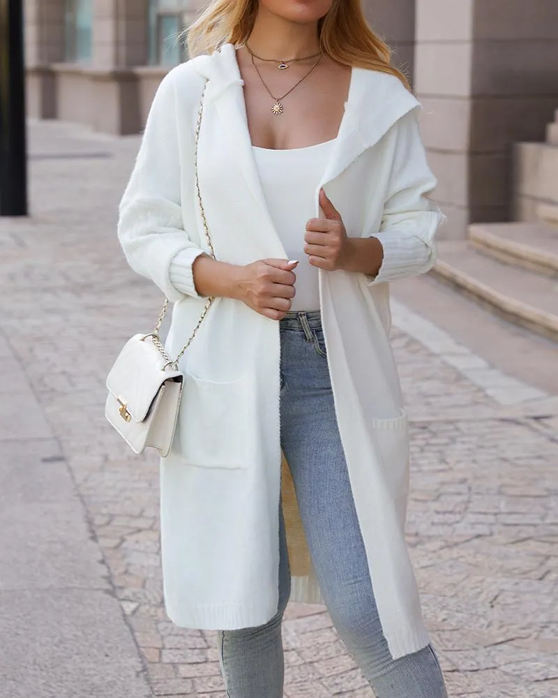 Letter Heart Print Hooded Longline Knit Cardigan