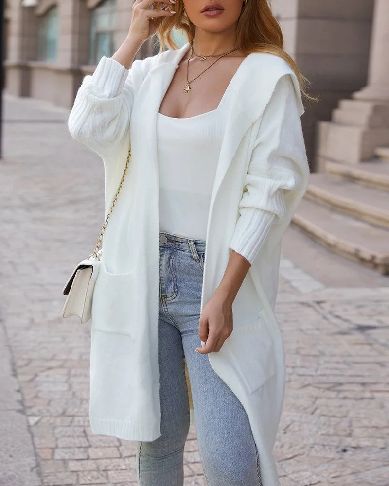 Letter Heart Print Hooded Longline Knit Cardigan
