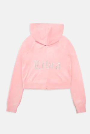 'LIBRA' JUICY PINK DIAMANTÉ VELOUR ZIP-THROUGH HOODIE