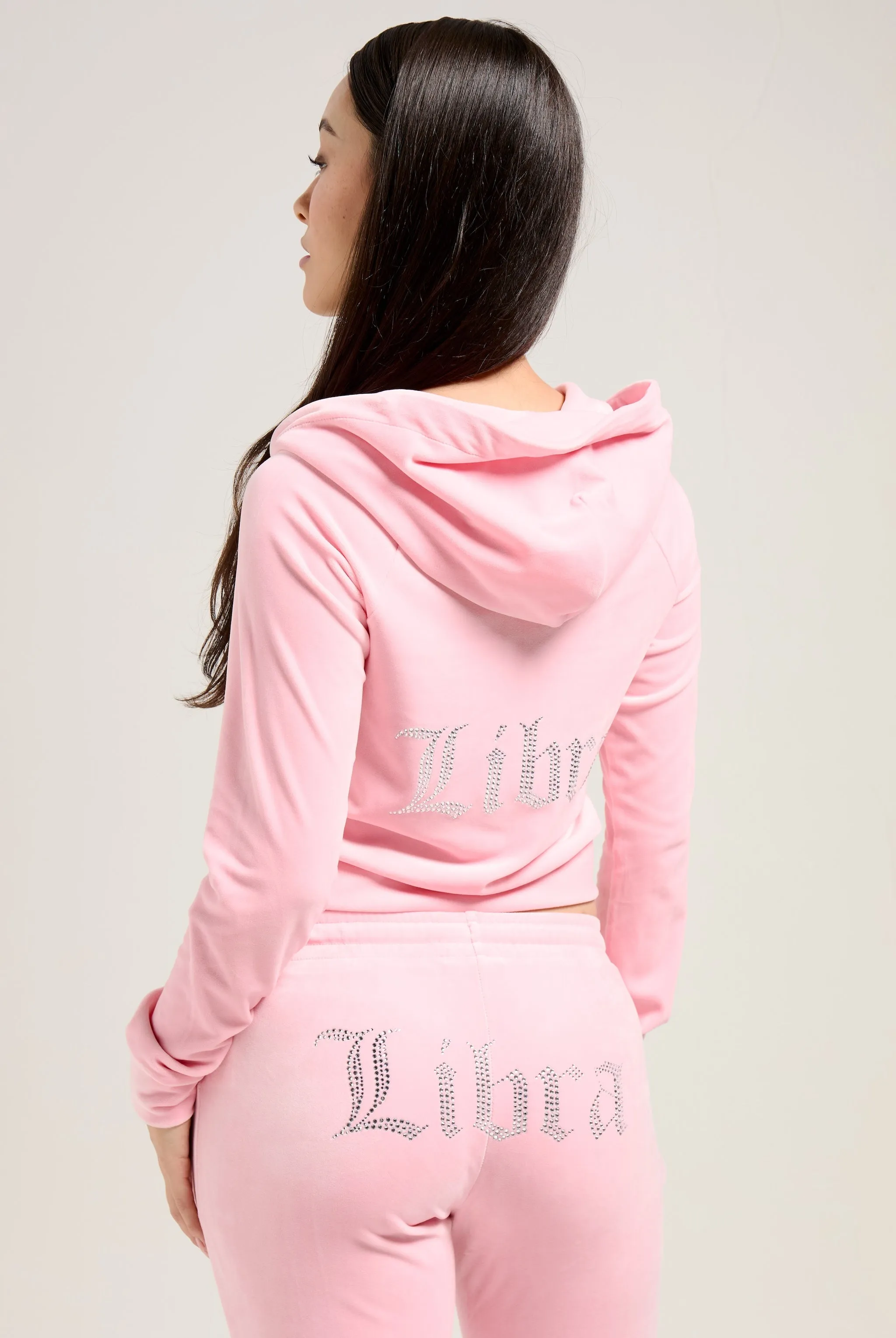 'LIBRA' JUICY PINK DIAMANTÉ VELOUR ZIP-THROUGH HOODIE