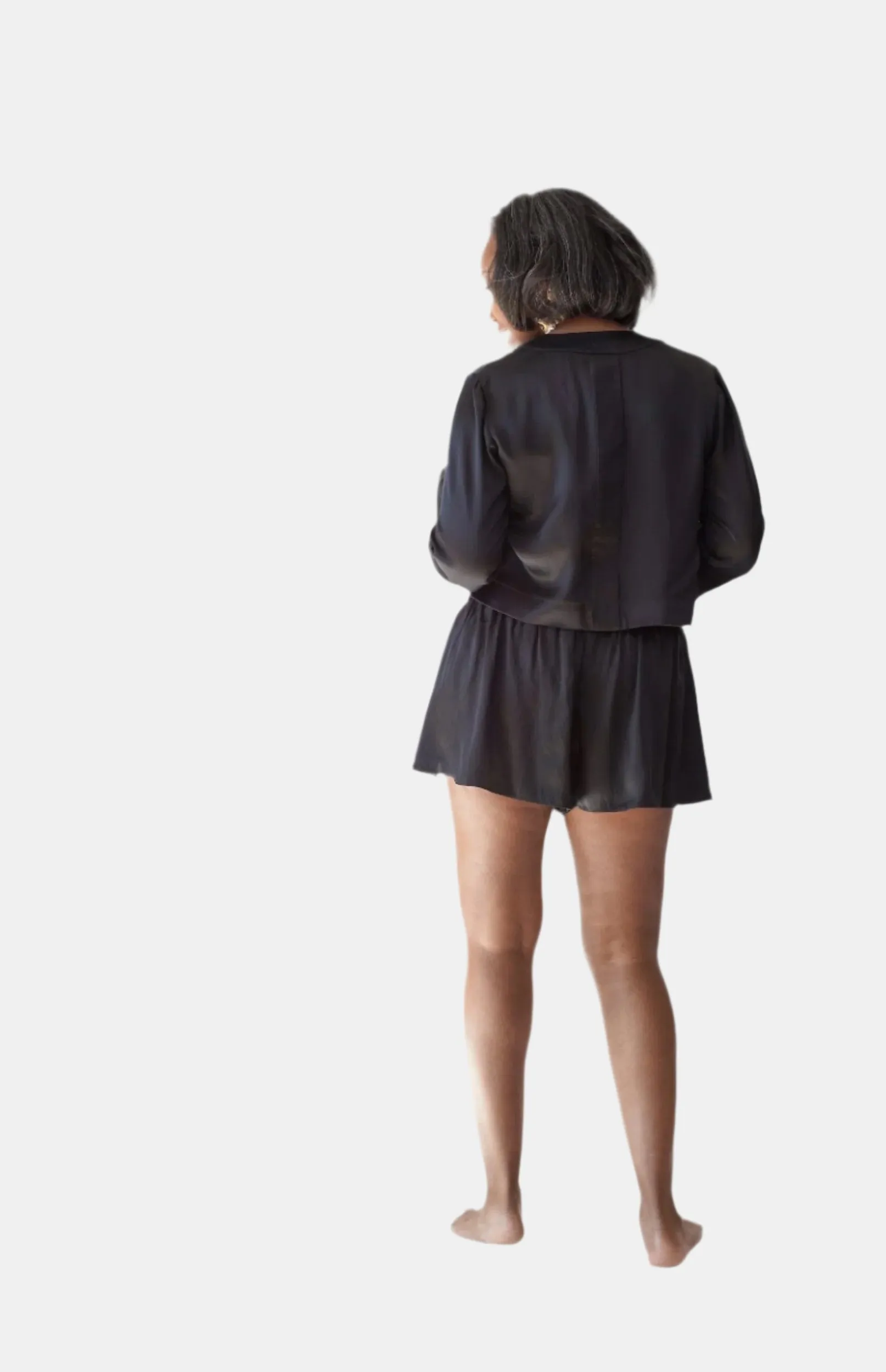 LOLA CROPPED SILK SLEEP SHIRT & SHORT IN NOIRE