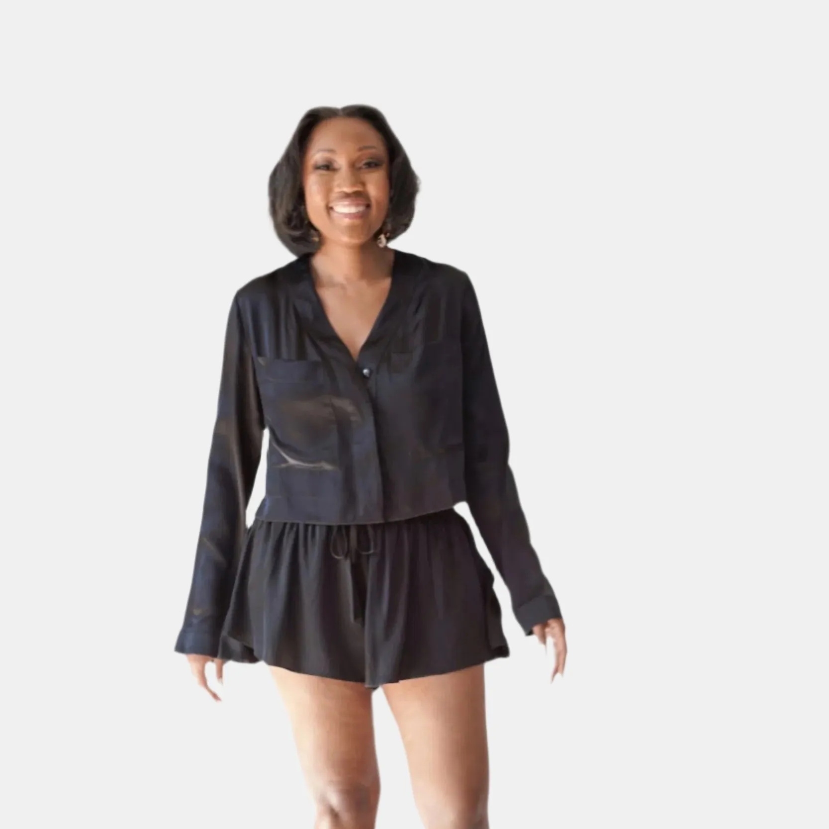 LOLA CROPPED SILK SLEEP SHIRT & SHORT IN NOIRE