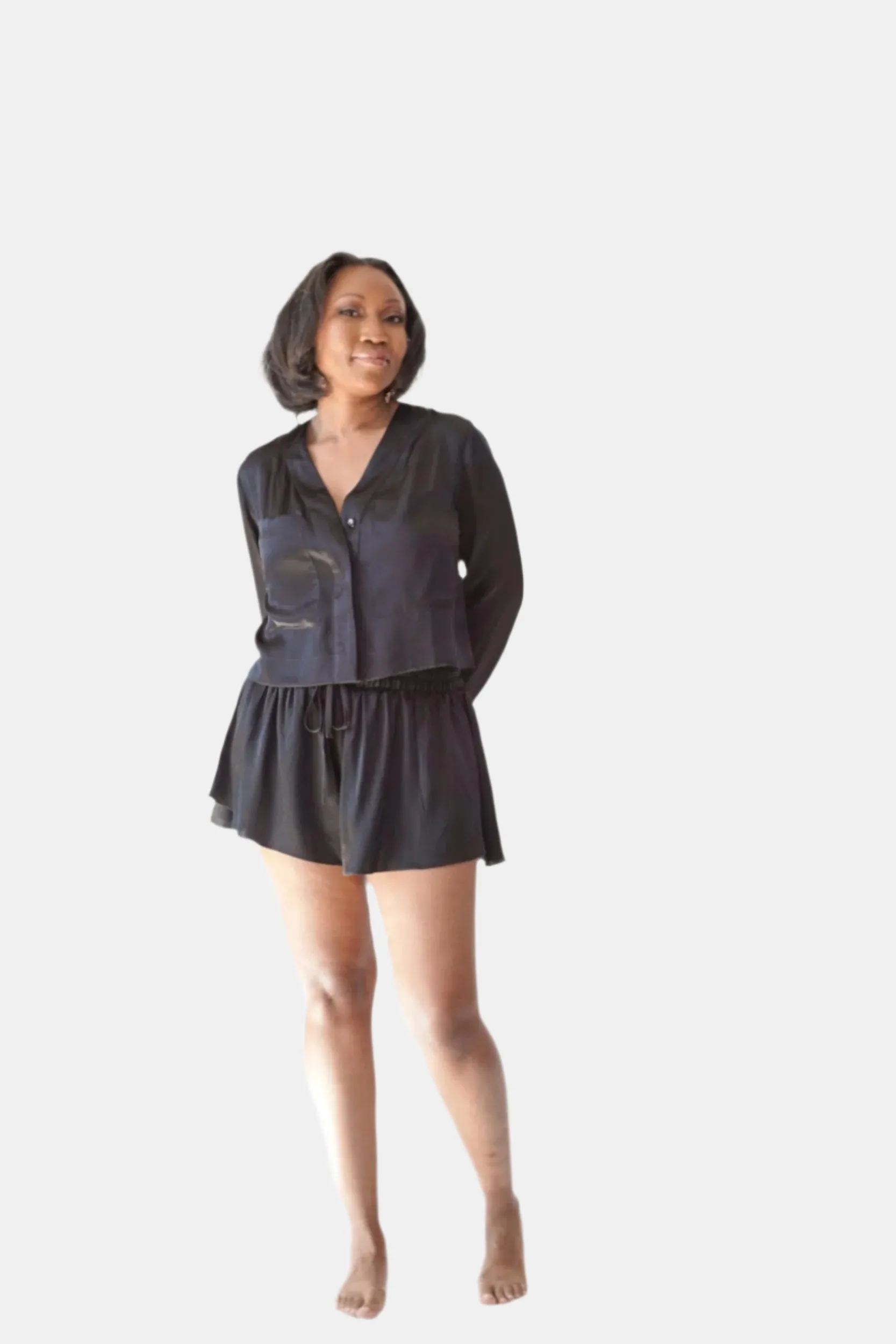 LOLA CROPPED SILK SLEEP SHIRT & SHORT IN NOIRE