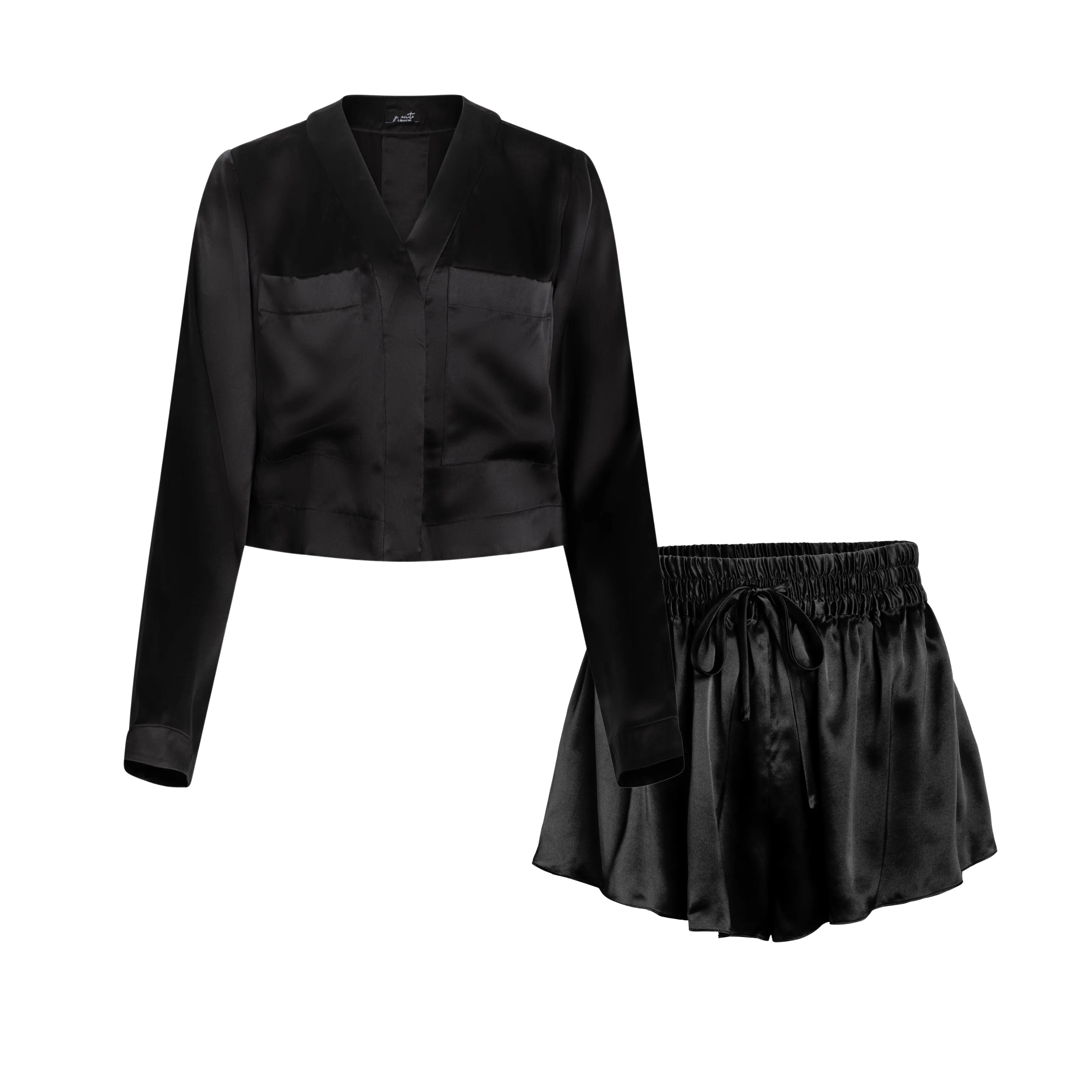 LOLA CROPPED SILK SLEEP SHIRT & SHORT IN NOIRE